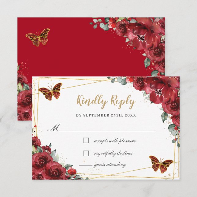 Red Floral Gold Butterflies Quinceañera Reply RSVP Card (Front/Back)