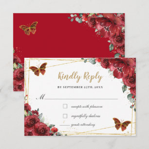 Red Floral Gold Butterflies Quinceañera Reply RSVP Card