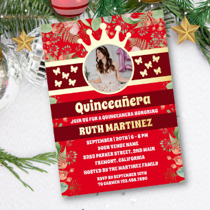 Red Floral Gold Butterfly Quinceanera Party Photo