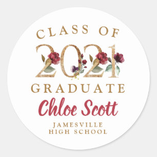 Red Floral Gold Class of 2021 Graduation Classic Round Sticker