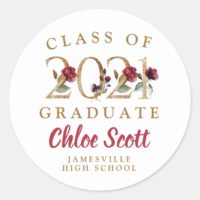 Red Floral Gold Class of 2021 Graduation Classic Round Sticker (Front)