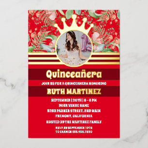 Red Floral Gold Crown princess Quinceanera