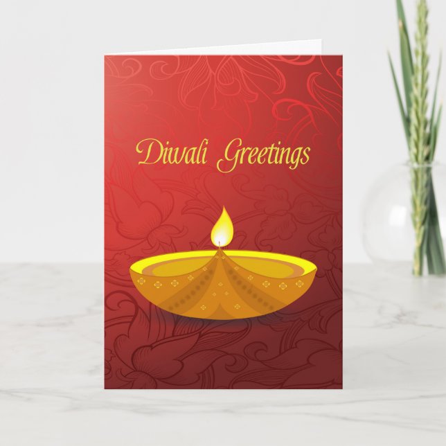 Red Floral, Gold Diya, Diwali Greetings Holiday Card (Front)