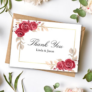 Red Floral Gold Frame Wedding Thank You Card