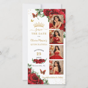 Red Floral Gold Photo Booth Quinceanera QR code Save The Date