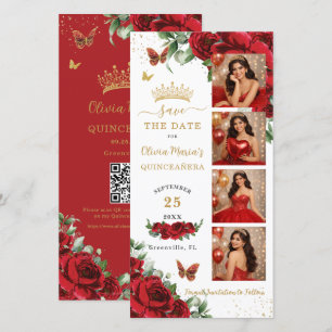 Red Floral Gold Photo Booth Quinceanera QR code Save The Date