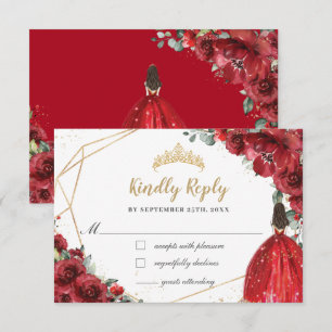 Red Floral Gold Princess Quinceañera Reply RSVP Card