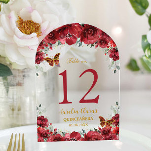 Red Floral Gold Quinceañera XV 16 Table Number