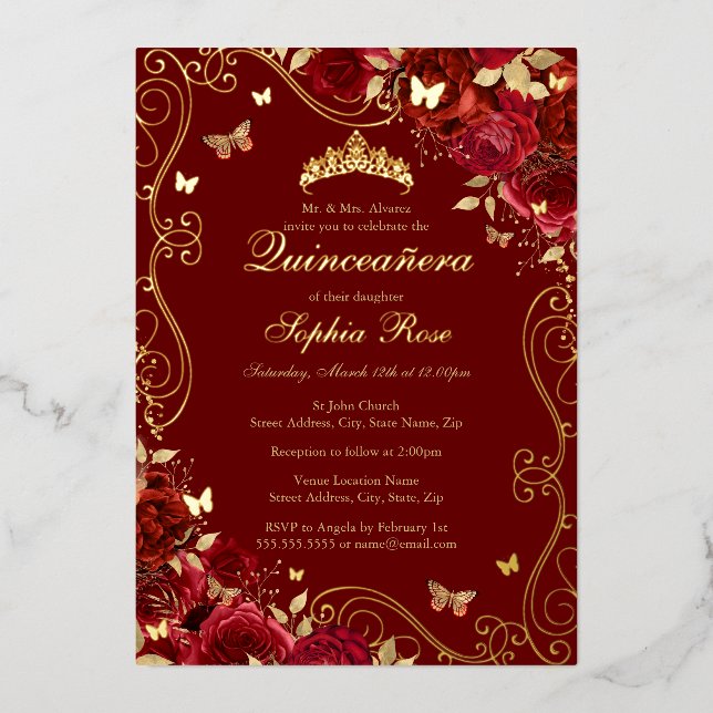 Red Floral Gold Swirl Butterfly Quinceanera (Front)