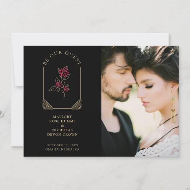 Red Floral Golden Simulated Dome Arch Wedding Save The Date (Front)