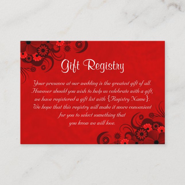 Red Floral Gothic Wedding Gift Registry Enclosure Card (Front)