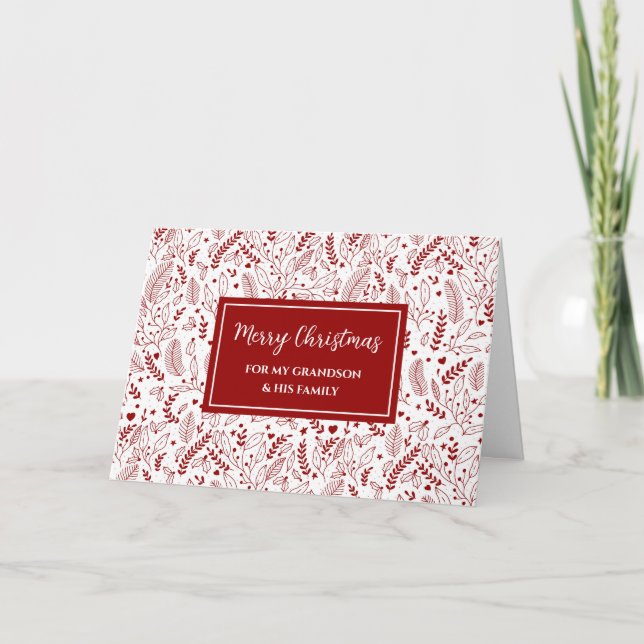 Red Floral Grandson & Family Merry Christmas Card (Front)