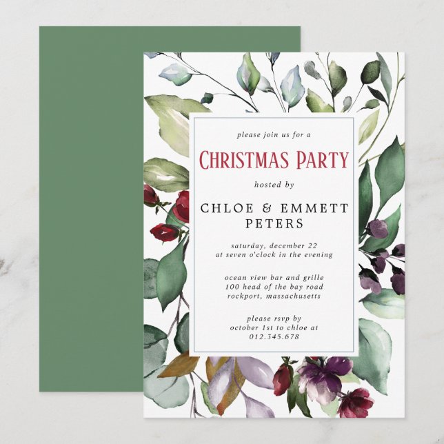 Red Floral Green Leaves Christmas Party Invitation (Front/Back)