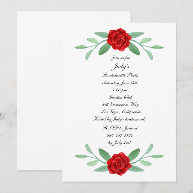 Red Floral Greenery Foliage Bachelorette Party Invitation (Front/Back)