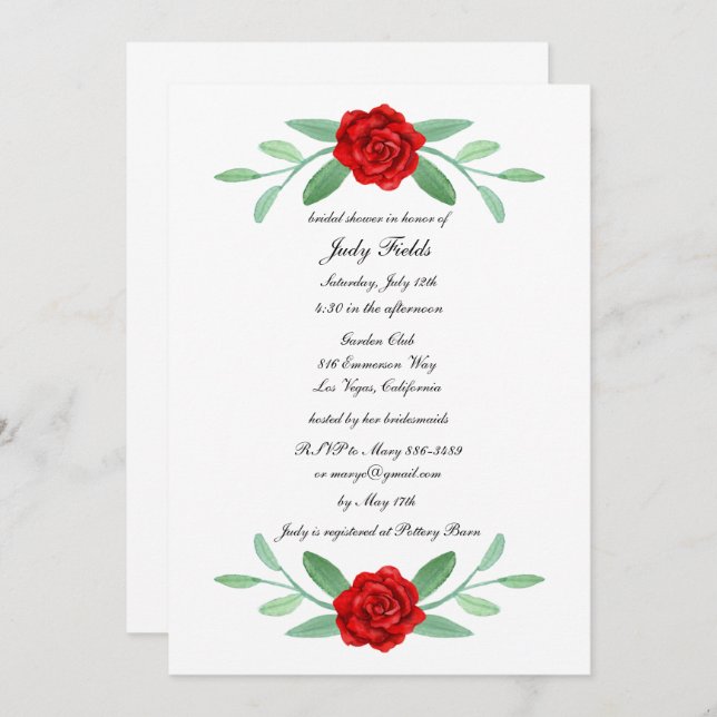 Red Floral Greenery Foliage Bridal Shower Invitation (Front/Back)