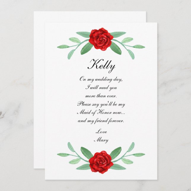 Red Floral Greenery Foliage Maid Of Honour Card (Front/Back)