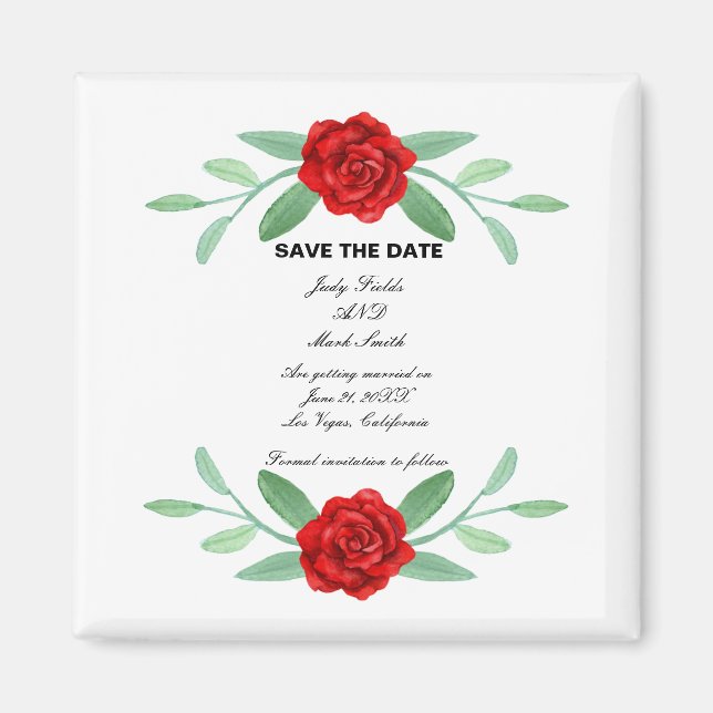 Red Floral Greenery Foliage Save The Date Magnet (Front)