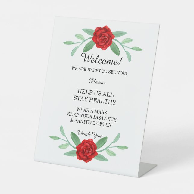Red Floral Greenery Foliage Wedding Safety Pedestal Sign (Front)