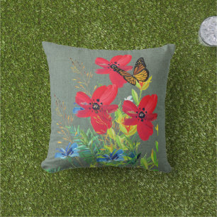 Red Floral Grey Burlap  Cushion