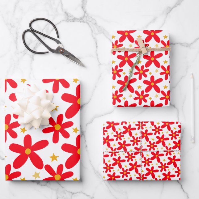 Red Floral Hand-Drawn Christmas Holidays Set of Wrapping Paper Sheet (Front)