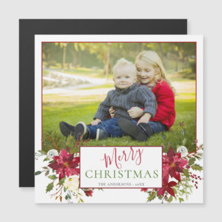 Red Floral Hand Lettered Photo Holiday Greeting