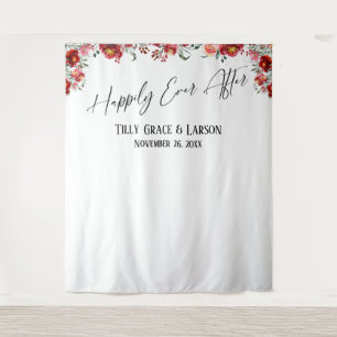 Red Floral Happily Ever After Photo Backdrop Tapestry