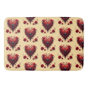 Red Floral Heart Design With Blooming Flowers Bath Mat