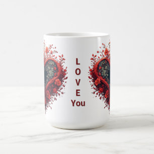 Red Floral Heart Design With Blooming Flowers Coffee Mug