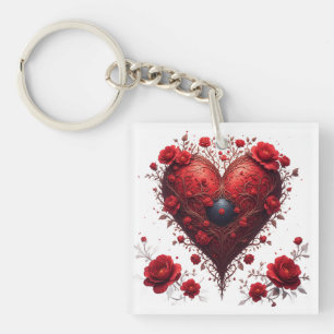 Red Floral Heart Design With Blooming Flowers Key Ring