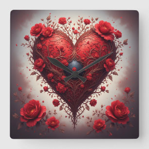 Red Floral Heart Design With Blooming Flowers Square Wall Clock