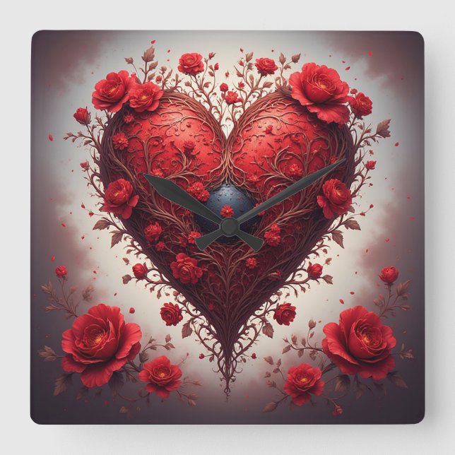Red Floral Heart Design With Blooming Flowers Square Wall Clock (Front)