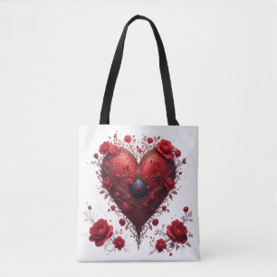 Red Floral Heart Design With Blooming Flowers Tote Bag
