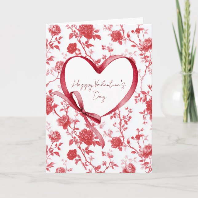 Red Floral Heart Love Bow Card (Front)