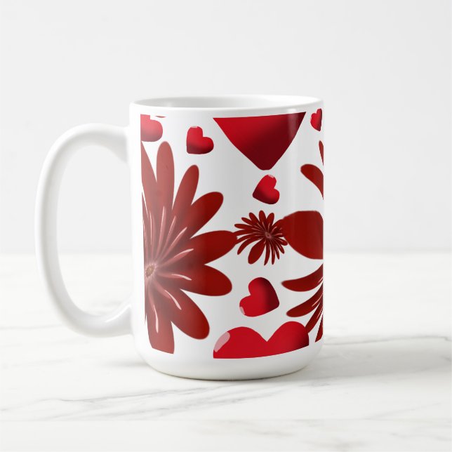 Red Floral Heart Pattern Aesthetic Romantic Flower Coffee Mug (Left)