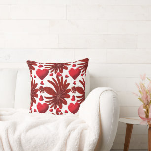 Red Floral Heart Pattern Aesthetic Romantic Flower Cushion