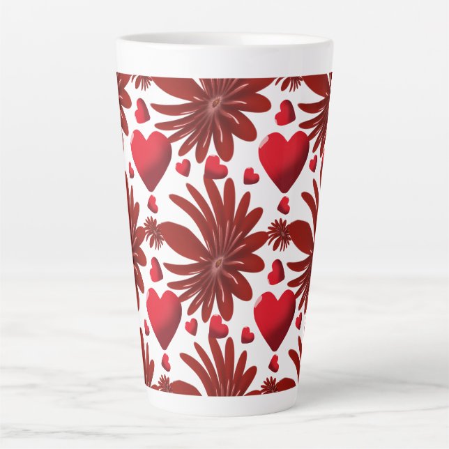 Red Floral Heart Pattern Aesthetic Romantic Flower Latte Mug (Front)