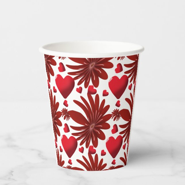 Red Floral Heart Pattern Aesthetic Romantic Flower Paper Cups (Front)