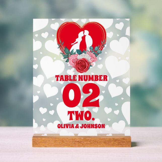 Red Floral Heart Wedding Table Number Frosted Acrylic Sign (Neutral)