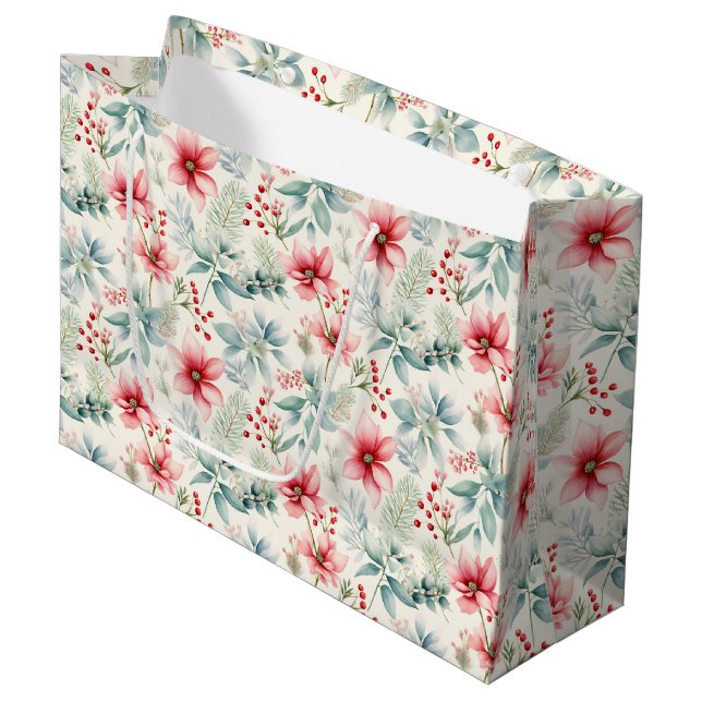 Red Floral Holiday Gift Bag (Front Angled)