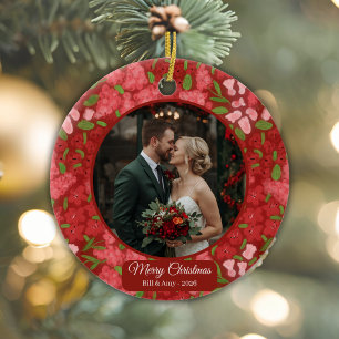 Red Floral Holiday Personalised Photo Ceramic Tree Decoration