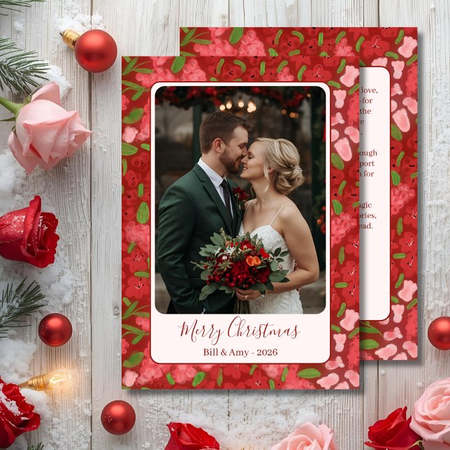 Red Floral Holiday Personalised Photo Flat Card (Red Floral Holiday Photo Card)