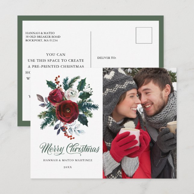 Red Floral Holly Photo Christmas Holiday Postcard (Front/Back)