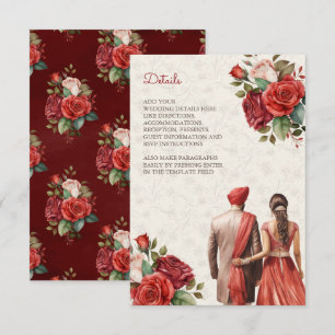 Red Floral Indian Punjabi Sikh Wedding Details Enclosure Card