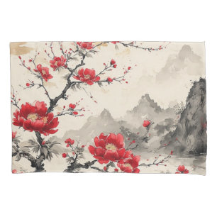 Red Floral Japanese Landscape Pillowcase