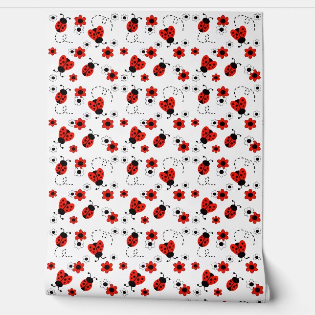 Red Floral Ladybug Baby Girl Nursery Kids  Wallpaper (Unrolling)