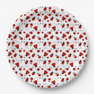 Red Floral Ladybugs Paper Plate
