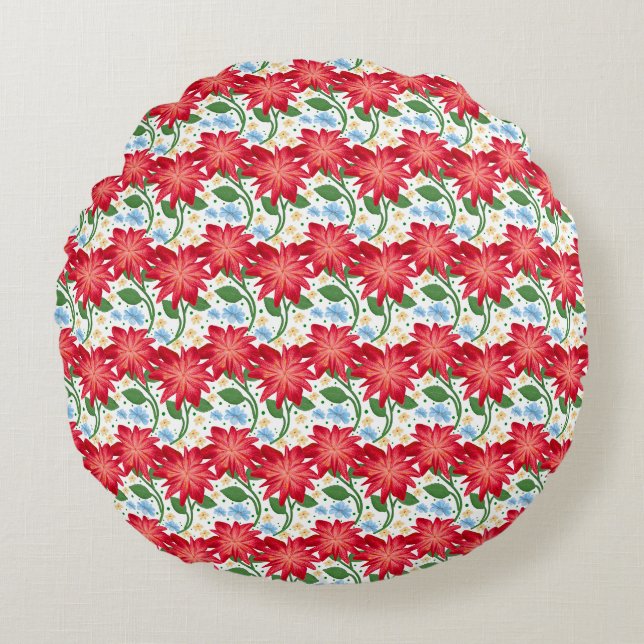 Red Floral Leaf Pattern, Dark Botanical Seamless Round Cushion (Front)