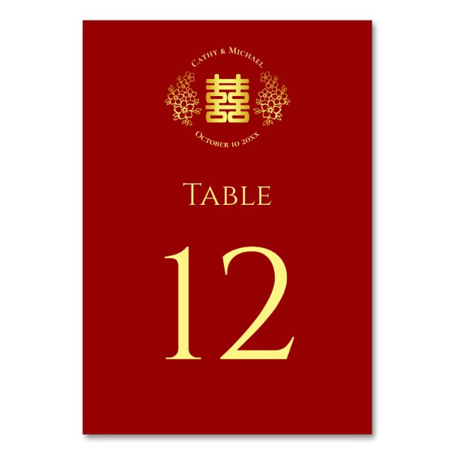 Red floral logo Chinese wedding double happiness Table Number (Front)