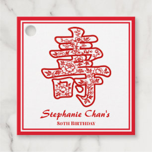 Red Floral Longevity Chinese 80th Birthday Favour Tags
