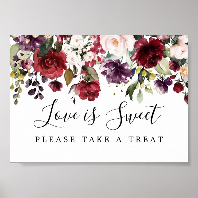 Red Floral Love is Sweet Wedding Dessert Bar Sign (Front)